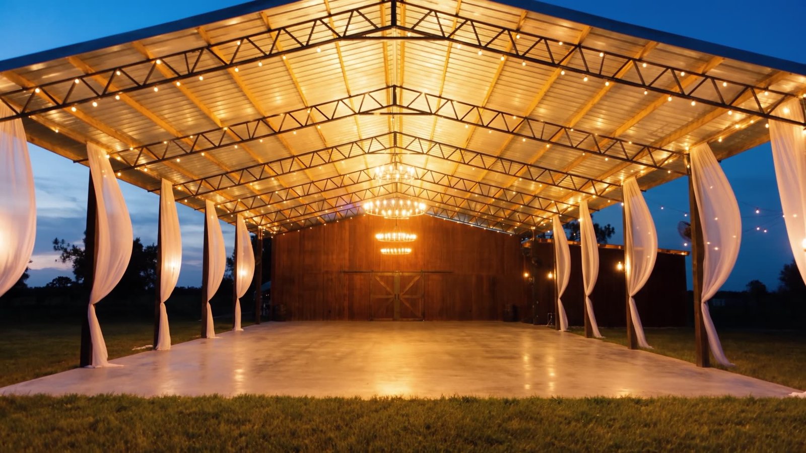 Pavilhão de eventos iluminado ao entardecer no Tex Brothers Ranch