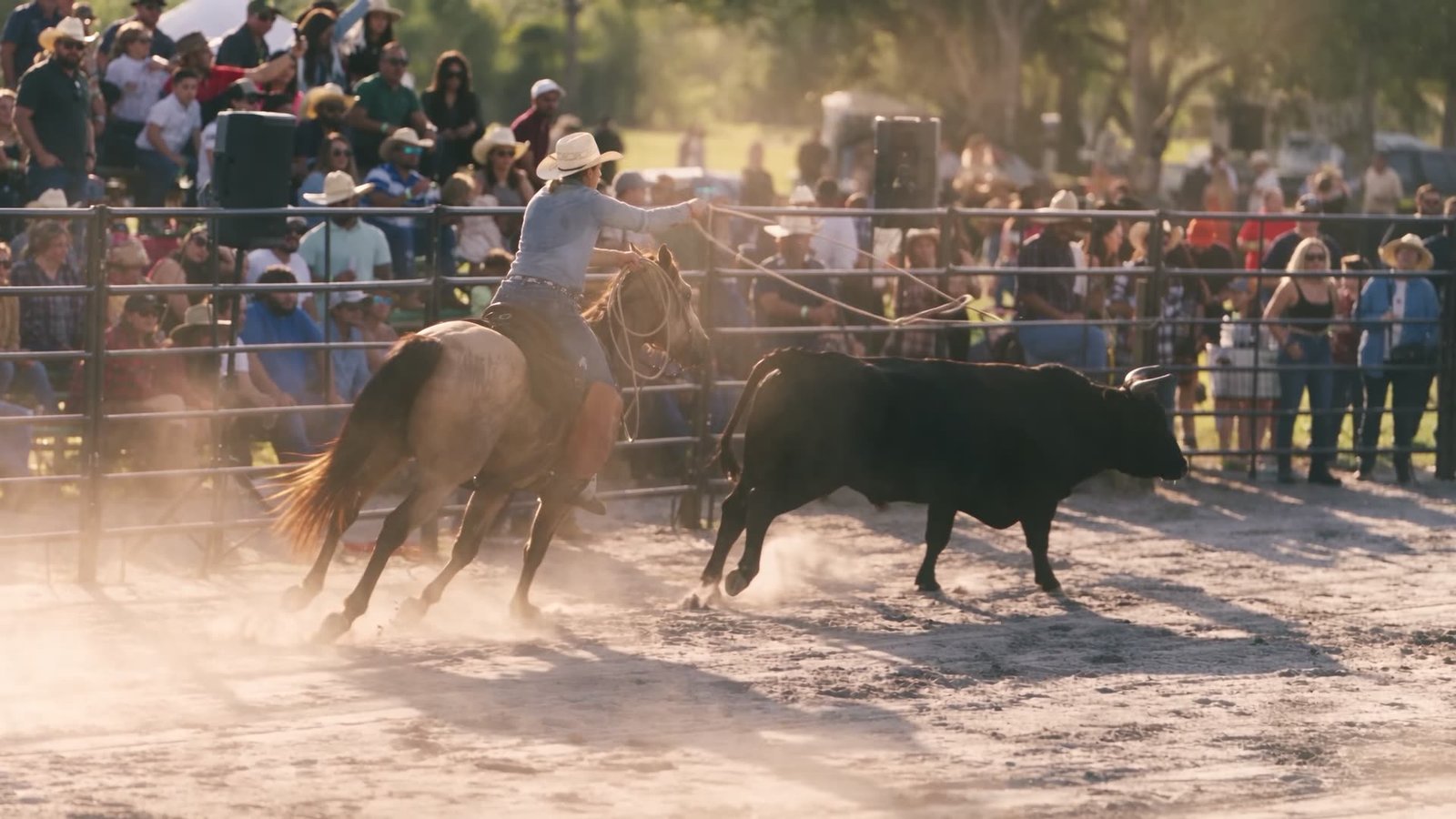Competidor montado durante rodeio Tex Brothers Ranch, com público ao fundo