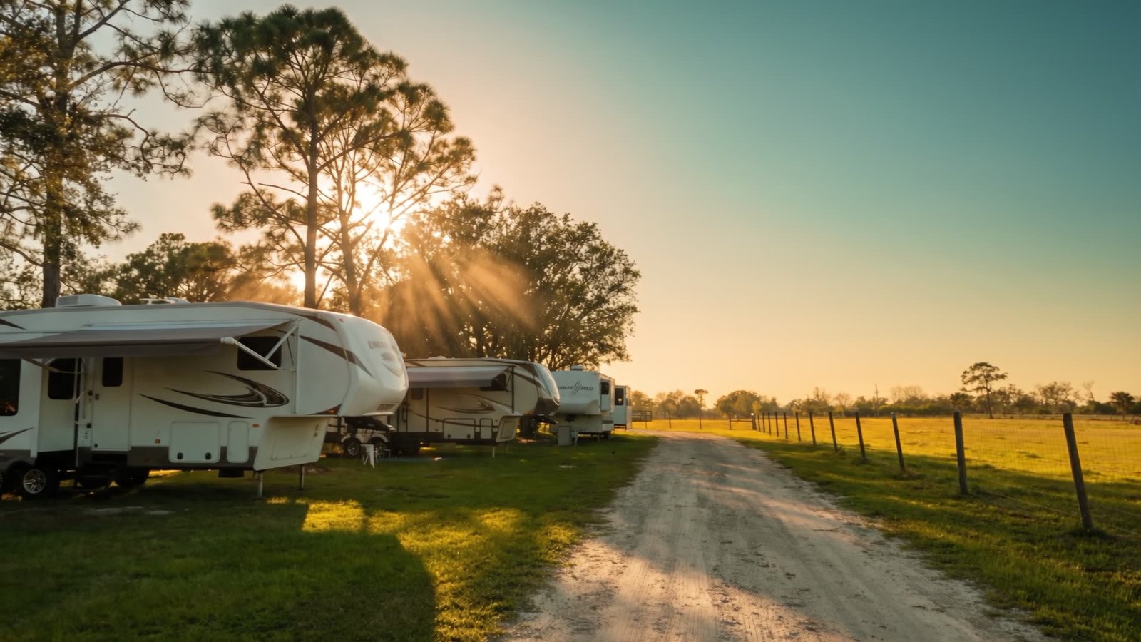 RVs estacionados no campo do Tex Brothers Ranch ao pôr do sol