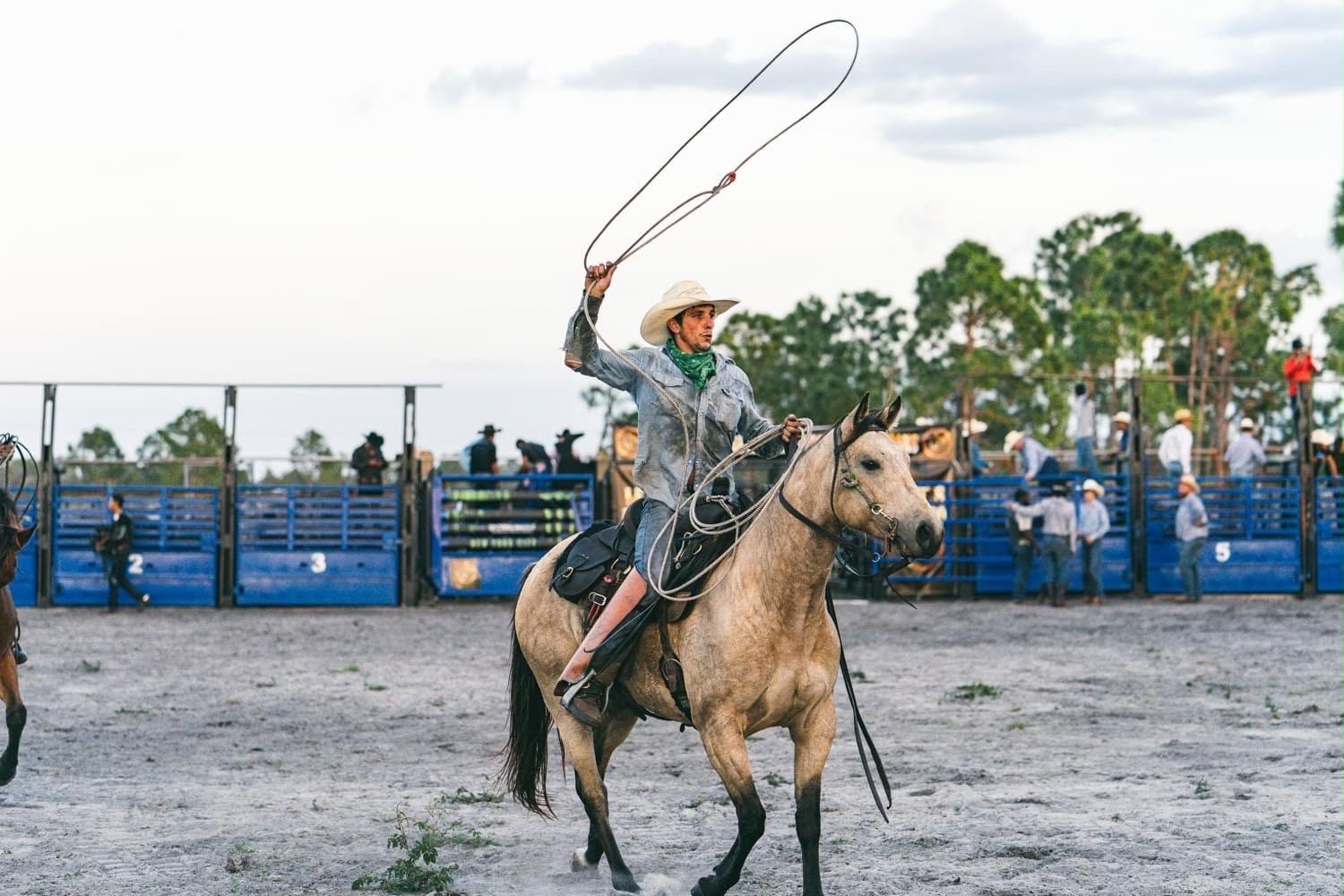 Laçador a cavalo em plano aberto na arena