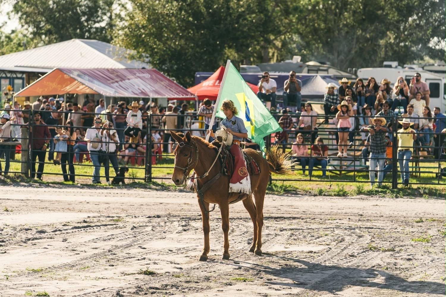 Desfile com a bandeira diante da arquibancada cheia